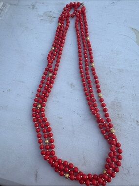 Classic Three-Strand Red Beaded Necklace with Gold Accents